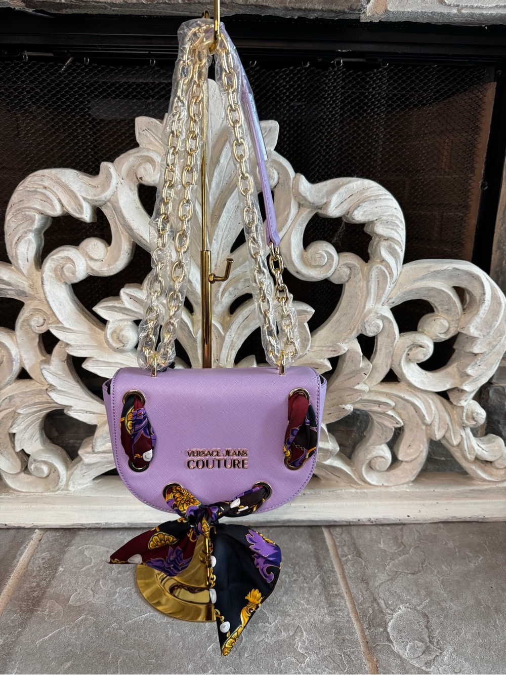 Versace Jeans Collection Lavender Crossbody with Gold Chain and Scarf Accent COA